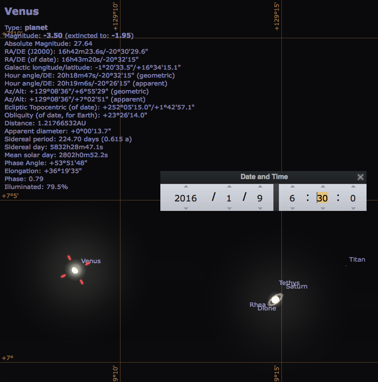 Ciel matinal du 9 janvier 2016, vers 6h30 : conjonction exceptionnelle (moins de 10 minutes d'arc) entre Vénus et Saturne