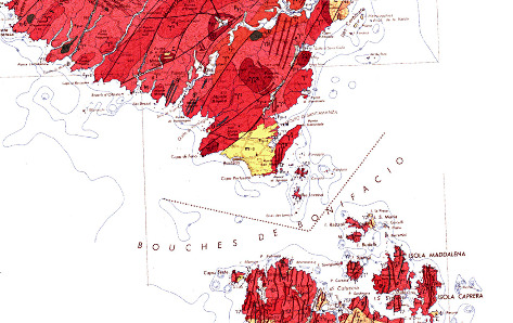 Les bouches de Bonifacio sur la carte géologique de Corse au 1/250 000 (carte un peu ancienne ; la géologie des fonds marins n'est d'ailleurs pas représentée)