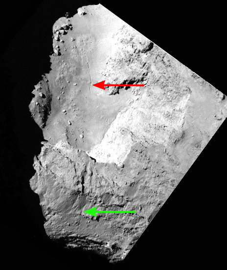Partie d'une image OSIRIS mise en ligne le 22 janvier 2015 montrant la fracture au niveau du cou De 67P/Churyumov-Gerasimenko