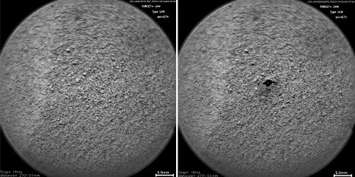 Montage de deux images montrant un test du laser de ChemCam sur un sol non consolidé