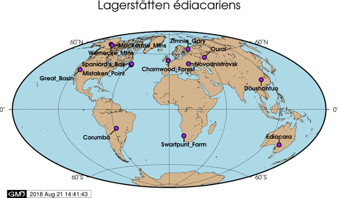 Quelques sites majeurs ayant fourni des fossiles édiacariens