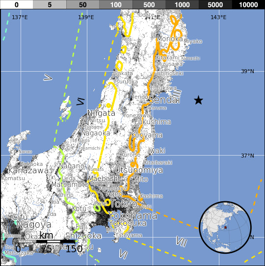 Cartes des iso-intensités, séisme de Sendai, 11 mars 2011