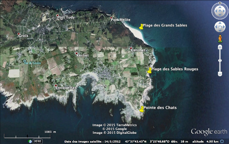 Localisation des trois principaux affleurements étudiés sur la côte orientale de l'ile de Groix