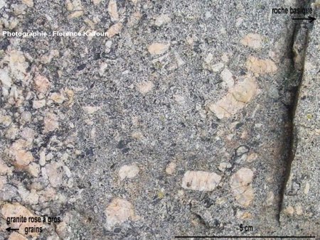 Vue de détail du contact entre le granite rose à gros grains et la roche basique