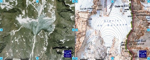 Glacier de Sarenne : comparaison photo récente et fond topo "ancien"