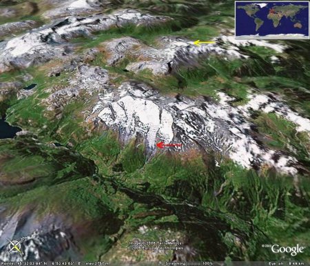 Vue oblique 3D du versant Nord-Est du Mont Pourri (flèche rouge = glacier Sud de la Gurraz, flèche jaune = glacier de la Chiaupe)