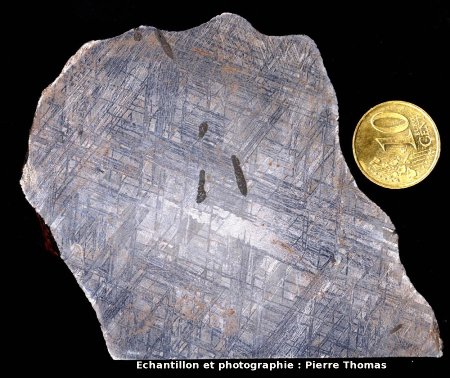 Section polie d'une météorite de Gibbéon, montrant des figures de Widmanstätten
