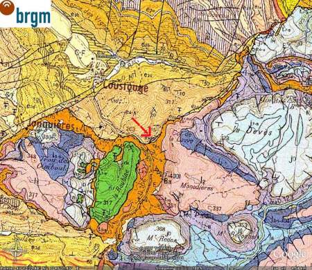 Extrait de la carte géologique de Capendu montrant la position de l'affleurement