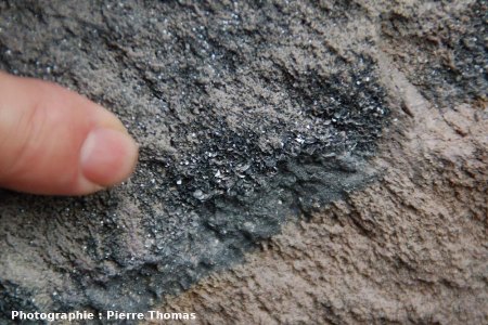 Affleurement centimétrique à cristaux d'hématite déposés par des fumeroles, Puy de la Nugère (63)