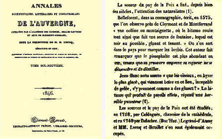Page de titre et début du passage décrivant le Puy de la Poix, extraits des annales Scientifiques, Littéraires et Industrielles de l'Auvergne, 1846