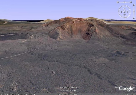 Vue Google Earth du secteur du Parc National de Timanfaya (Lanzarote, Canaries) où la couléee aa précédente a été observée.