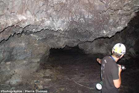 Stalactites de basalte au plafond d'un tunnel de lave (lava tube), Gruta das Torres, île de Pico, Açores