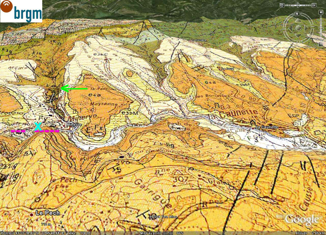 Localisation du site des images 1 à 4, près de Minerve (Hérault), sur la carte géologique BRGM / Google Earth
