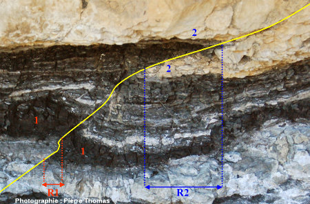Schéma interprétatif de la faille inverse visible à l'extrême gauche de l'image 8, Minerve - La Caunette (Hérault)