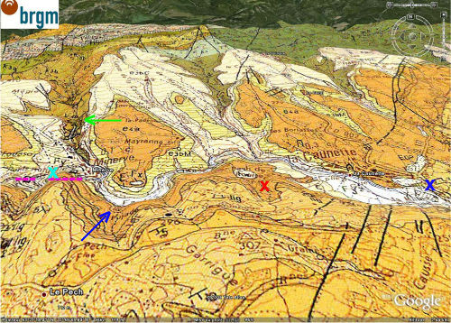 Localisation, sur carte géologique BRGM/Google Earth, de l'affleurement de grès à stratifications obliques, La Caunette, Hérault