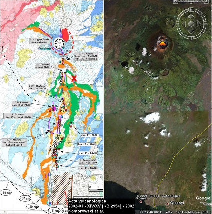 Juxtaposition à la même échelle de la carte des coulées de 1977 et 2002 du Nyiragongo et de la vue Google Earth correspondante