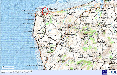 Localisation de la plage du Cap Gris-Nez (Pas de Calais) sur carte IGN