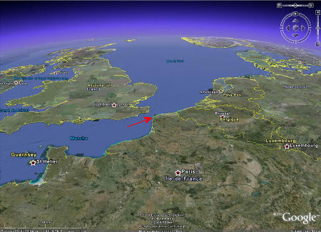 Localisation du Cap Gris-Nez (Pas de Calais) sur image Google Earth