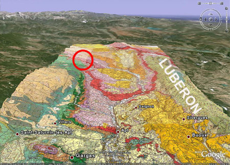 Carte géologique montrant le bassin oligocène d'Apt (teintes rose) au pied du Luberon