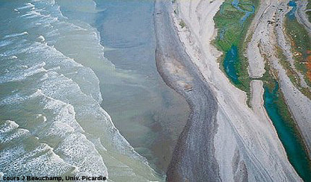 Photo aérienne du littoral picard (juste au sud de l'estuaire de la Slack) montrant l'obliquité de la houle par rapport à la côte