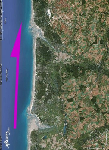 Image Google Earth de la côte de Picardie et du Nord Pas de Calais entre les estuaires de l'Authie (au Sud) et de la Canche (au Nord)