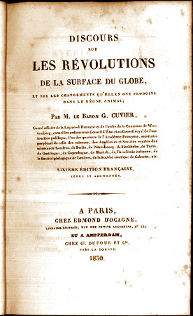 Page de garde du livre de Georges Cuvier « Discours sur les révolutions du globe et les changements qu'elles ont produits dans le règne animal »