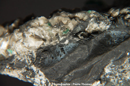 Mouchetures de pyrite (FeS2) au contact entre argilites et calcite+béryl