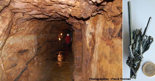 Une galerie de la mine de la Rodde, Ally, Haute Loire, et échantillon de stibine