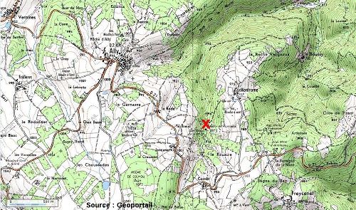Extrait de carte IGN localisant la mine de la Rodde près du village d'Ally (Haute Loire)