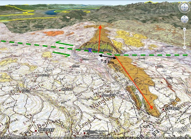 Vue Google Earth 3D éloignée, avec carte géologique du BRGM, de l'anticlinal (ou plutôt des deux demi-anticlinaux) de la Petite Balme, Sillingy (Haute Savoie)