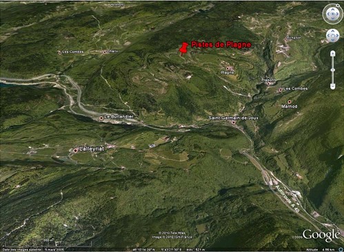 Localisation en vue 3D du site de Plagne (Ain) dans la chaîne du Jura