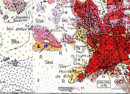 Extrait de la carte géologique BRGM de Lannion, île Milliau, Trébeurden (Côtes d'Armor)