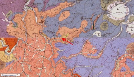 Carte géologique BRGM / Géoportail montrant le lieu d'observation du granite de la Margeride