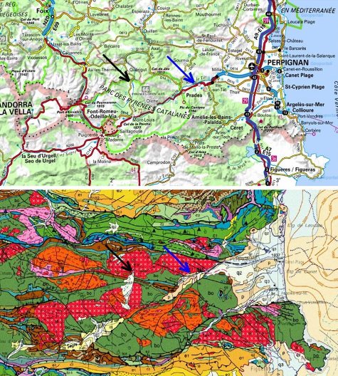 Localisation, à la même échelle, des affleurements du granite de Quérigut-Millas, Puyvalador (flèche noire) et Vinças (flèche bleue), sur un fond IGN et sur la carte géologique de la France au 1/ 1 000 000