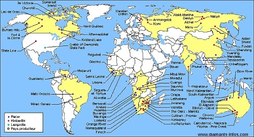 Carte des principaux gisements de diamants du monde