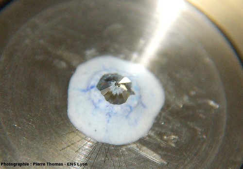 Diamant en saillie fixé (par une colle blanche) au centre de la face interne du piston mobile d'une cellule à enclumes de diamant