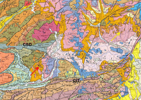 Extrait de la carte géologique BRGM de Montpellier au 1/250 000 montrant comment dater la phase principale de l'orogenèse hercynienne dans le Sud du Massif Central