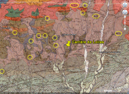 Extrait de la carte géologique BRGM / Google Earth du secteur de la carrière de Loiras (Le Bosc, Hérault)