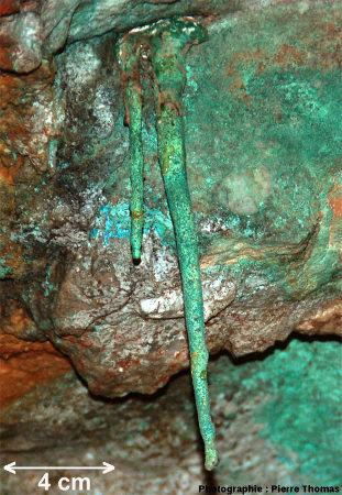 Stalactites de malachite, carbonate de cuivre hydraté, Cu[(OH)2(CO3)], pendant au plafond de l'ancienne mine de cuivre du Cap Garonne, Le Pradet, Var