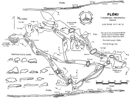Carte, profils et coupes du tunnel de lave de Floki montrant sa complexité