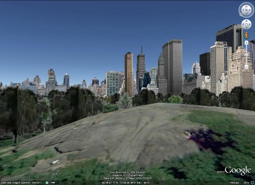 Vue Google Earth de l'affleurement illustré dans les figures précédentes, avec (approximativement) la même orientation de prise de vue que dans la figure 1, Central Park, New York (USA)
