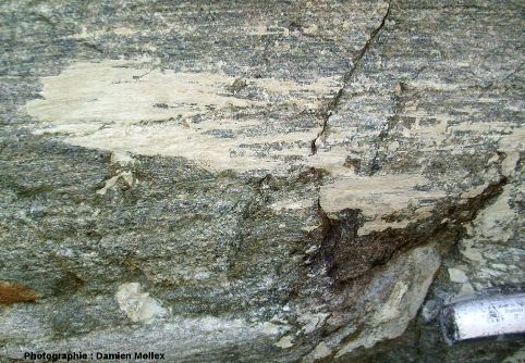 Placage de farine glaciaire collé sur une roche striée, et lui-même strié, front du glacier des Quirlies, Massif des Grandes Rousses, Isère
