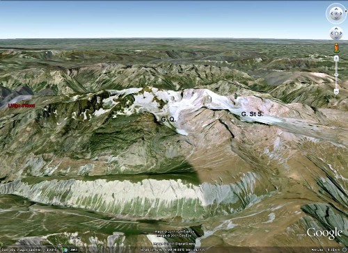 Vue "Google Earth" du flanc Est du Massif des Grandes Rousses, au Nord de l'Alpe d'Huez