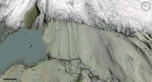 Zoom "Géoportail" sur l'avant du front du glacier de Saint Sorlin dégagé depuis 2003