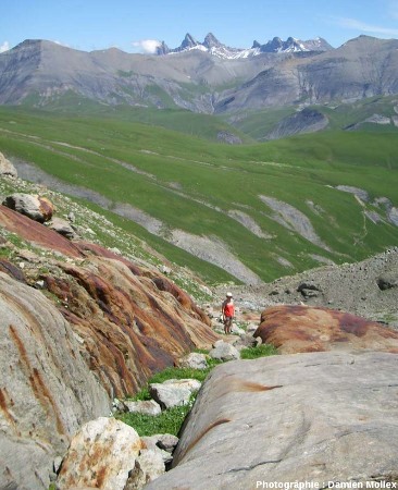 Trainées d'oxydes ferriques colorant une paroi de roche affectée par des stries glaciaires, secteur du lac des Quirlies, Massif des Grandes Rousses (Isère).