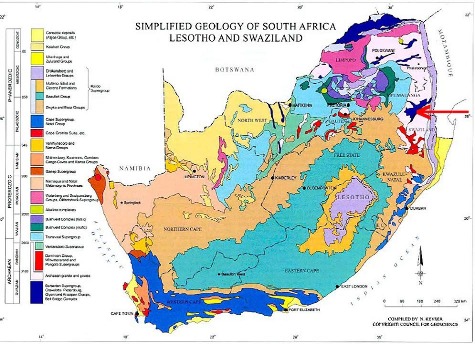 Situation du super-groupe de Barberton figuré en bleu foncé (flèche rouge) sur une carte géologique simplifiée de l'Afrique du Sud
