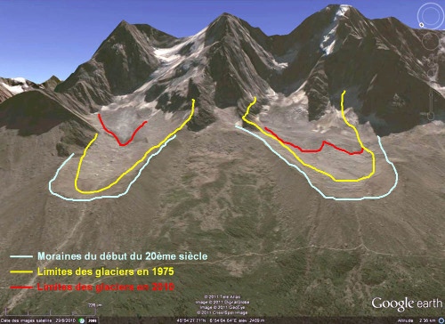 Comparaison 1975 - 2010 : glacier des Nantillons (à gauche) et glacier de Blaitière (à droite) au pied des Aiguilles de Chamonix (Haute Savoie)