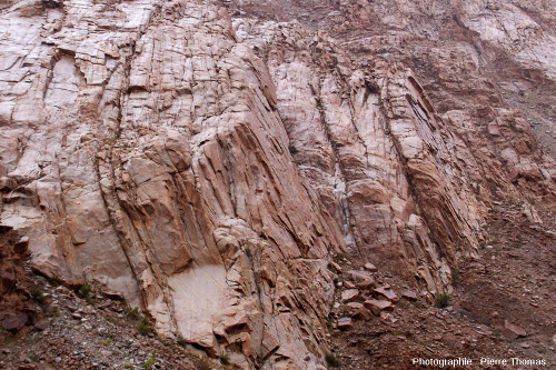 Réseau de diaclases sub-verticales et parallèles donnant une allure stratifiée à un granite de la haute vallée de l'Indus (Ladakh, Himalaya indien)