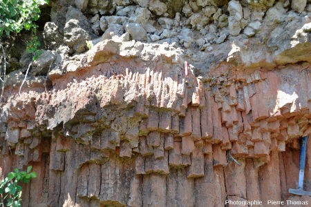 Base de coulée de basalte à semelle scoriacée, sur argiles sableuses prismées, Marjallat (Haute Loire)
