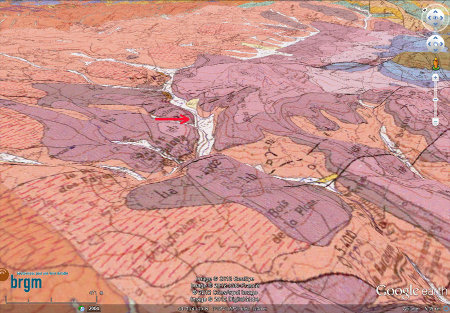 Carte géologique BRGM en relief montrant la discordance